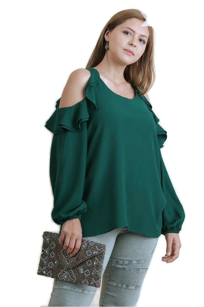 umgee usa Ruffle Open Shoulder Blouse, Forest