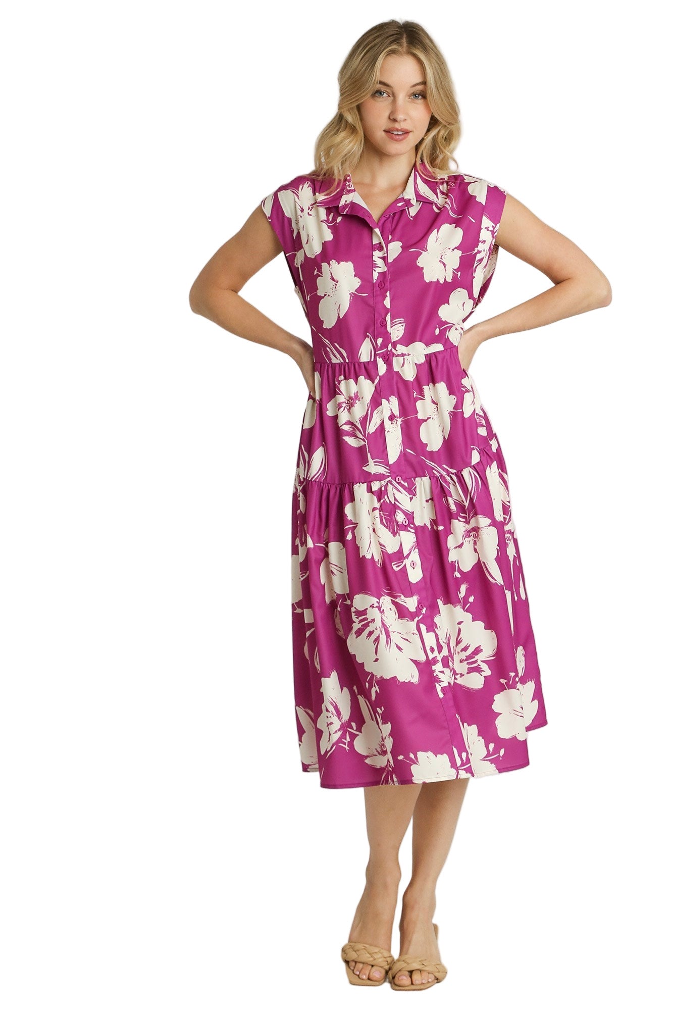 umgee collared tiered midi dress Umgee - K9030/WK9030 Camel Mix Floral Abstract Print Collared Tiered Midi Dress