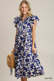 Two Tone Floral Midi Dress, Navy