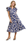 Umgee Two Tone Floral Print A-Line Midi Dress, Navy