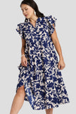 Umgee Two Tone Floral Print A-Line Midi Dress, Navy