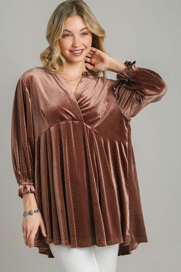 Beaded Velvet Babydoll Top, Brown