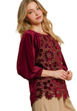 Floral Lace Velvet Top, Wine