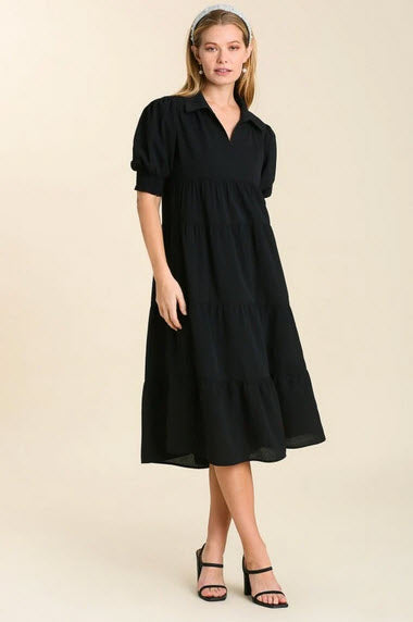 Cuff Sleeve Tiered Midi Dresses - Umgee Cuff Sleeve Tiered Midi Dresses - Umgee