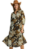 Floral Abstract Tiered Midi Dress, Camel