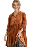 Umgee Velvet Tiered Back High Low Shirt, Terracotta