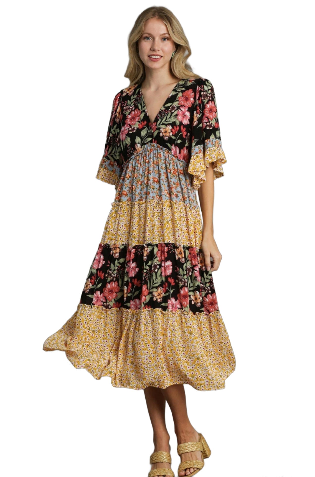 Mixed Floral Print Bohemian Midi Dresses - Umgee Mixed Floral Print Bohemian Midi Dresses - Umgee