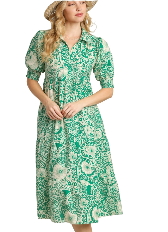 Abstract Print Midi Dress, Green