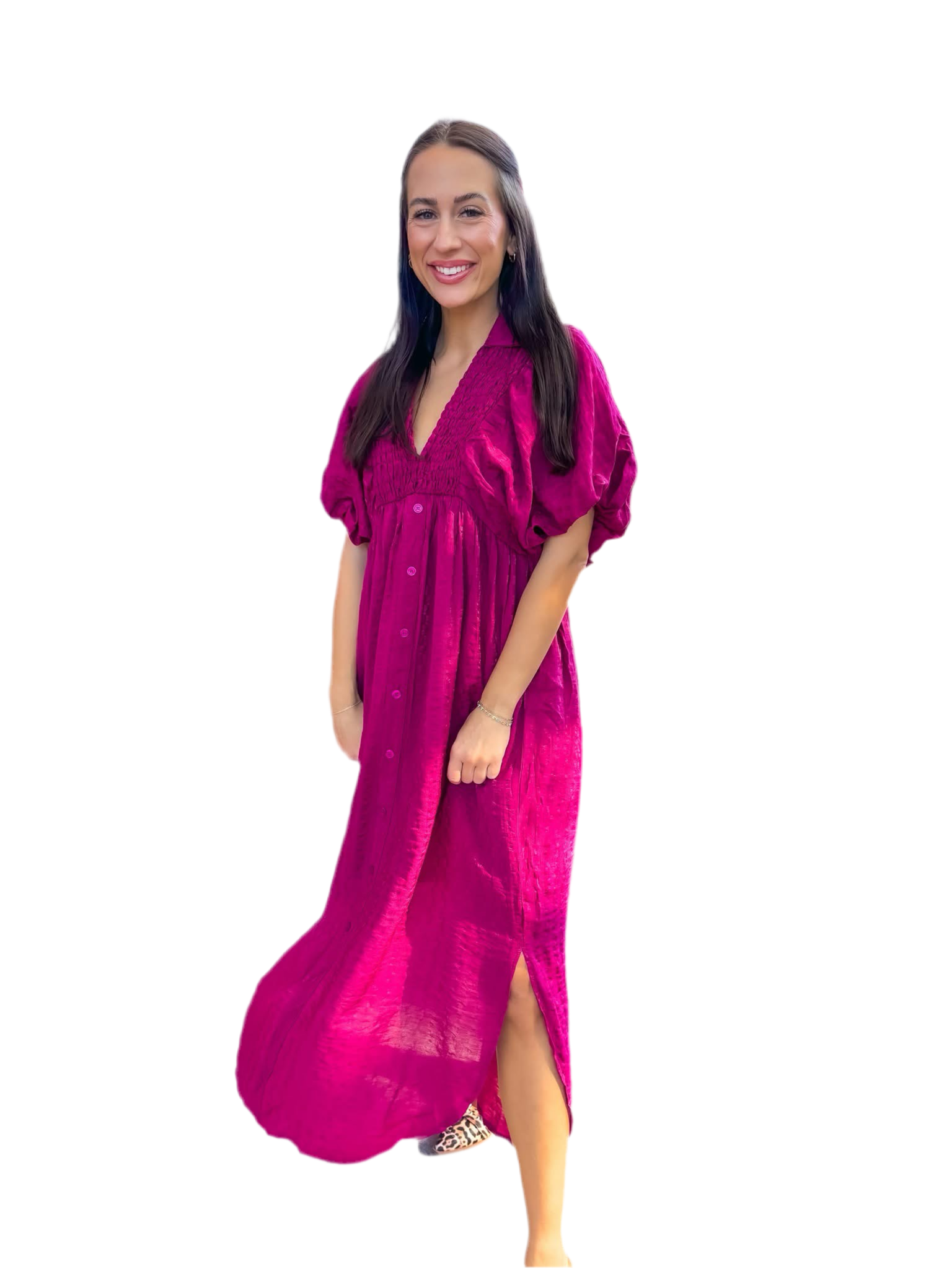 Entro Usa Textured Puff Sleeve Midi Dress, Plum – Violet Entro Usa Textured Puff Sleeve Midi Dress, Plum – Violet