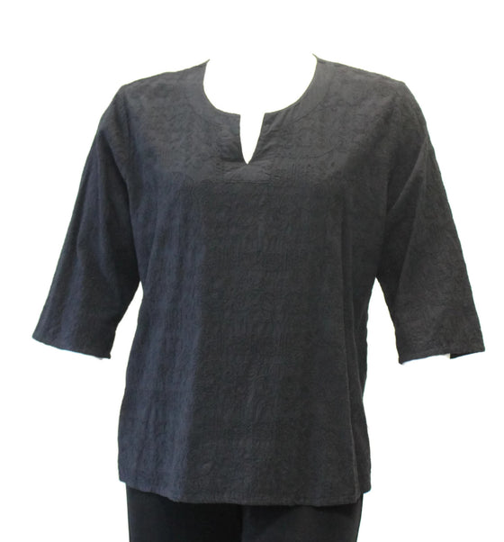 Embroidered Split Neck Cotton Top, Black