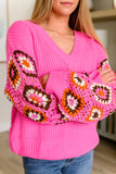 Crochet Sleeve V-Neck Knit Sweater