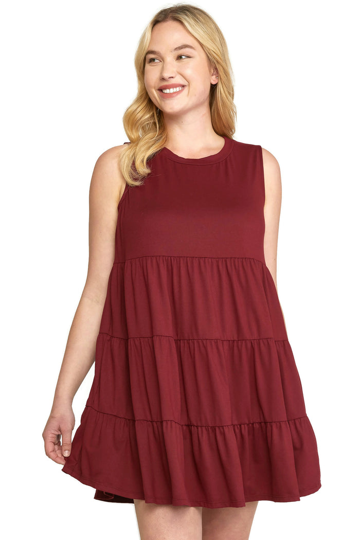Ruffle Tiered Short Dress, Wine