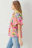 Floral Bubble Sleeve Blouse, Pink