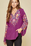 Tie Front Embroidered Blouse, Magenta
