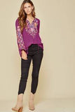 Tie Front Embroidered Blouse, Magenta