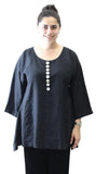 Scoop Neck Button Linen Top, Black