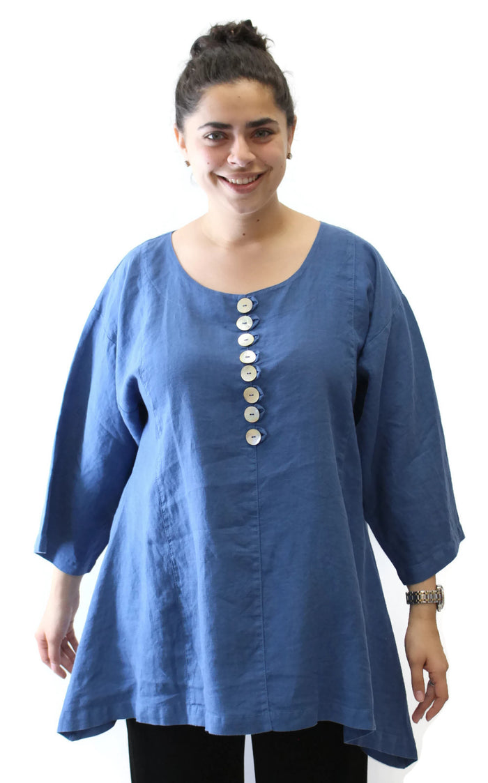 Scoop Neck Button Linen Top, Blue
