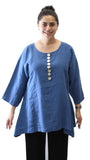 Scoop Neck Button Linen Top, Blue