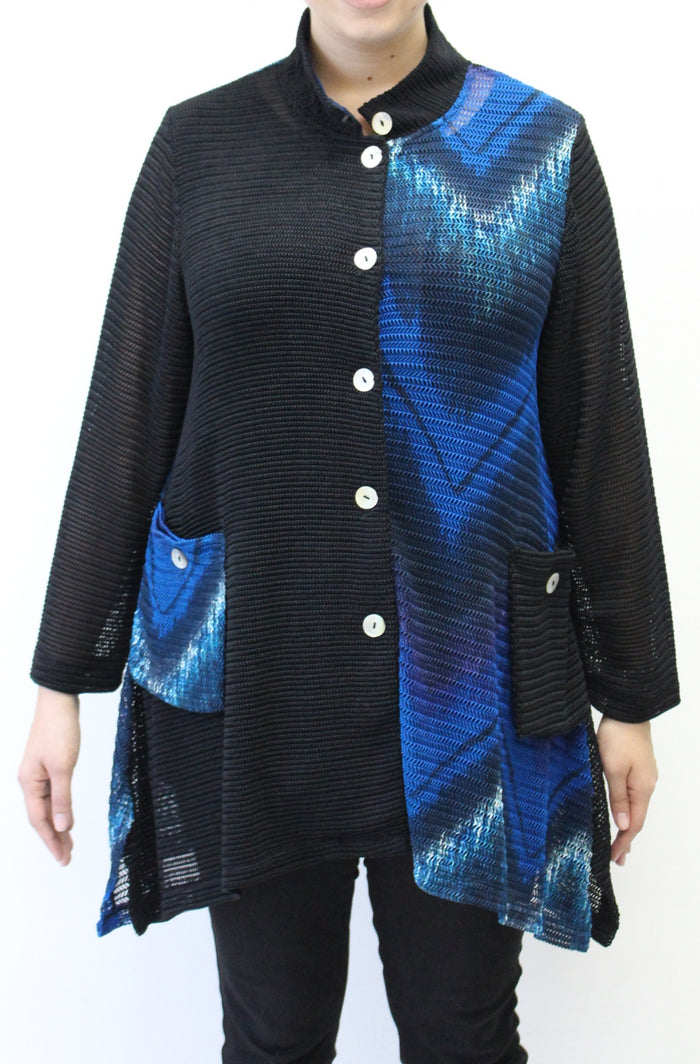 Mandarin Loose Weave Knit Jacket, Blue & Black