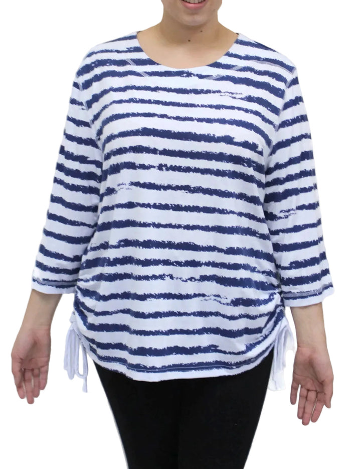Person wearing a blue and white striped shirt with a white background