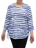 Person wearing a blue and white striped shirt with a white background