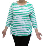 Green and white striped shirt worn by a person on a white background