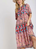 Mixed Floral Print Tiered Dress, Navy