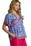 Mixed Floral Print Bohemian Top, Periwinkle