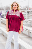 Layerz Embroidered Ruffle Collar Top, Maroon