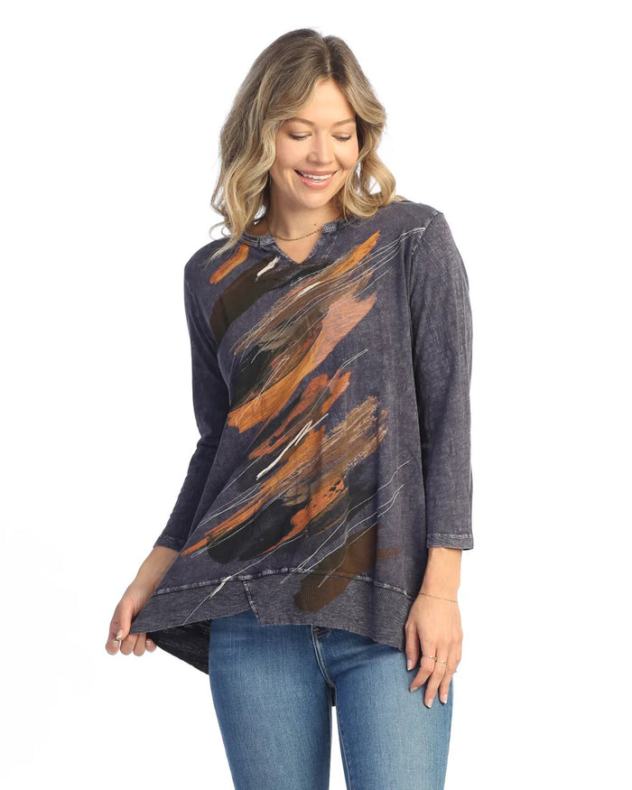 Jess & Jane Opera Mineral Washed Slub Cotton Split V-Neck Tunic Top