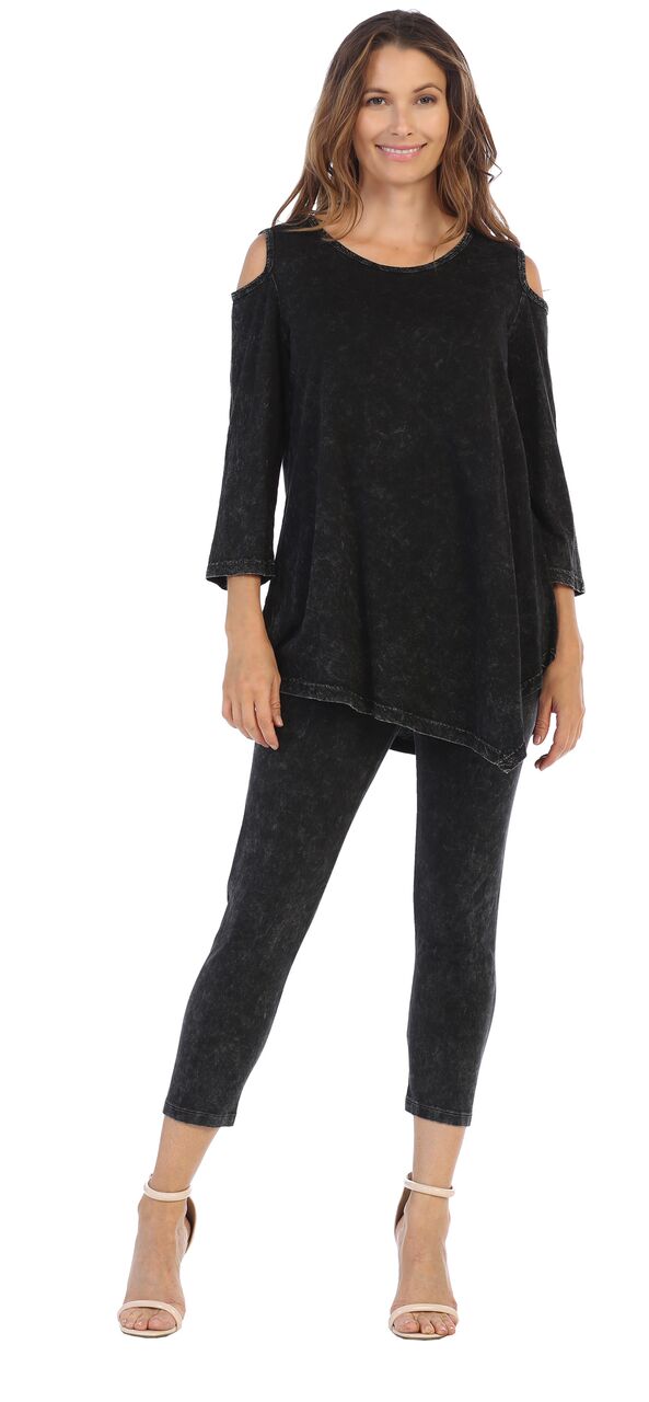 Mineral Washed Cotton Cold Shoulder Asymmetric Top, Black