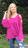 Bell Sleeve Tunic With Shoulder Cutouts, Raspberry
