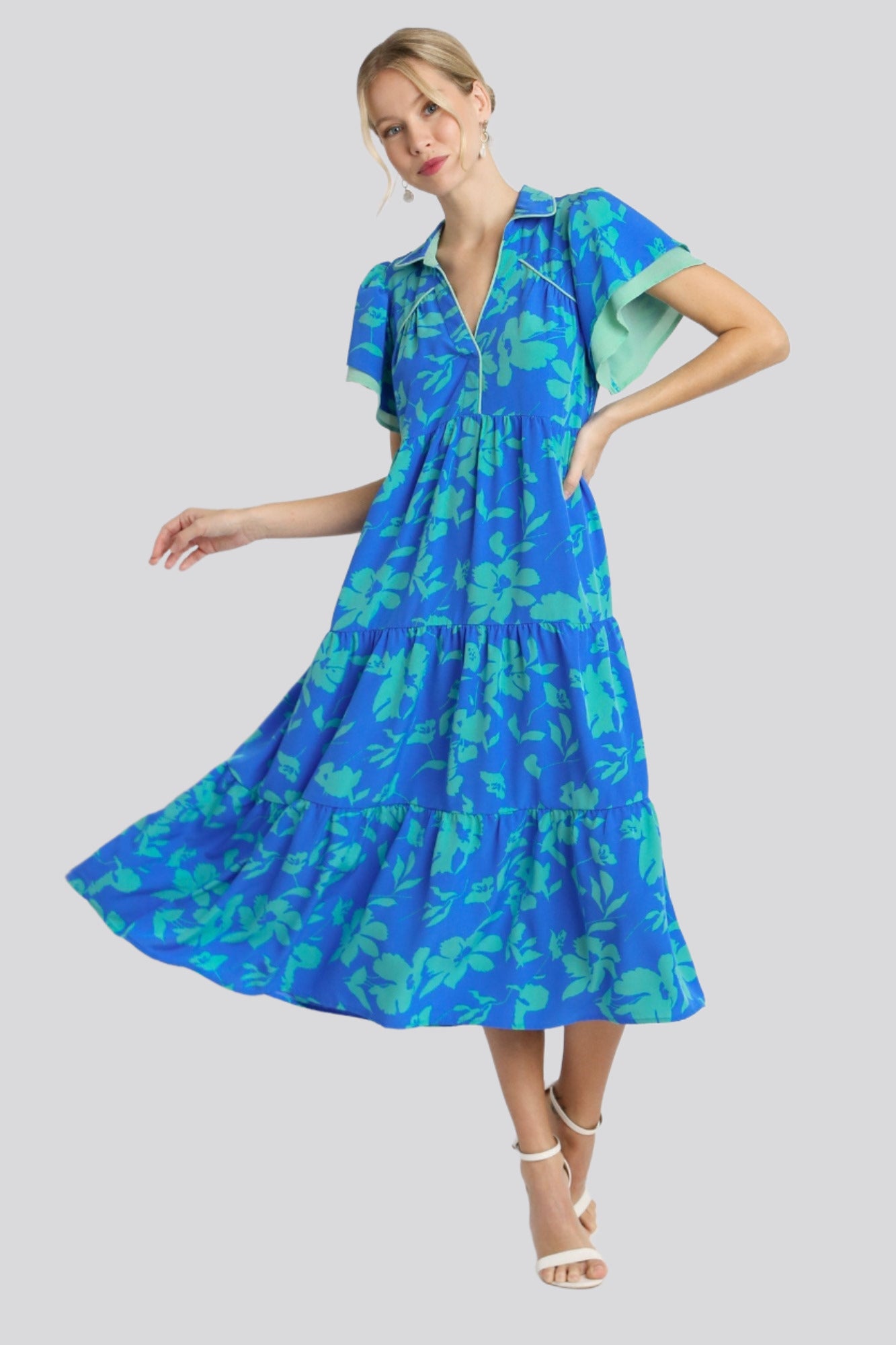 Umgee Two Tone Floral Print Tiered Dress, Azure Violet Skye Boutique Umgee Two Tone Floral Print Tiered Dress, Azure Violet Skye Boutique