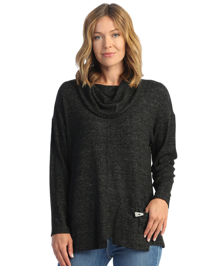 Brushed Knit Pocket & Cowl Neck Top, Black