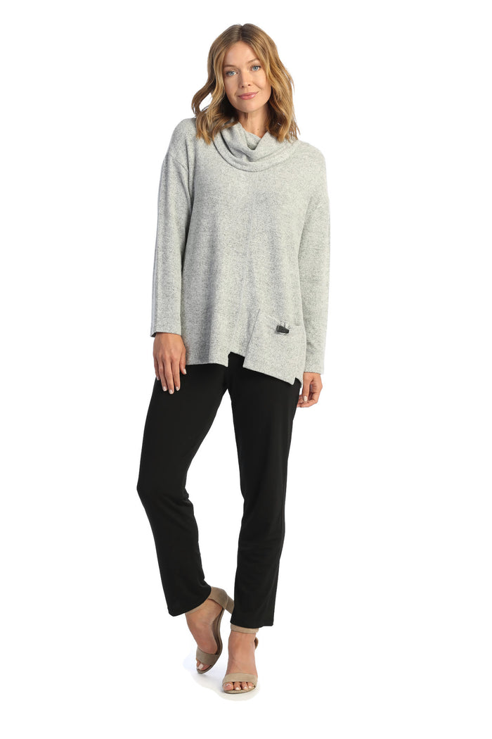 Brushed Knit Pocket & Cowl Neck Top, Grey