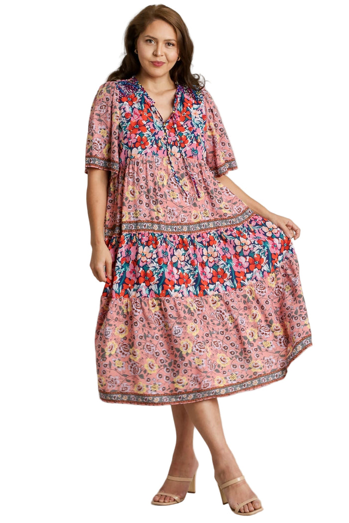 Mixed Floral Print Tiered Dress