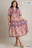 Mixed Floral Print Tiered Dress, Navy