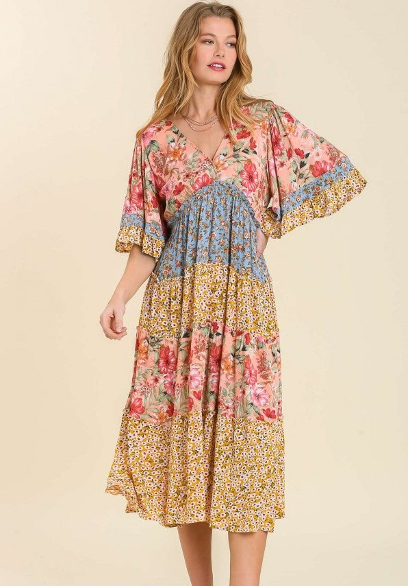 Mixed Floral Print Bohemian Midi Dress