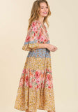 Mixed Floral Print Bohemian Midi Dress, Coral