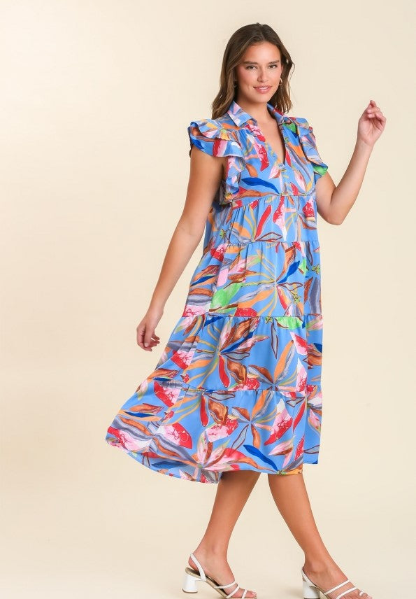 umgee usa Leaf Print Tiered Midi Dress
