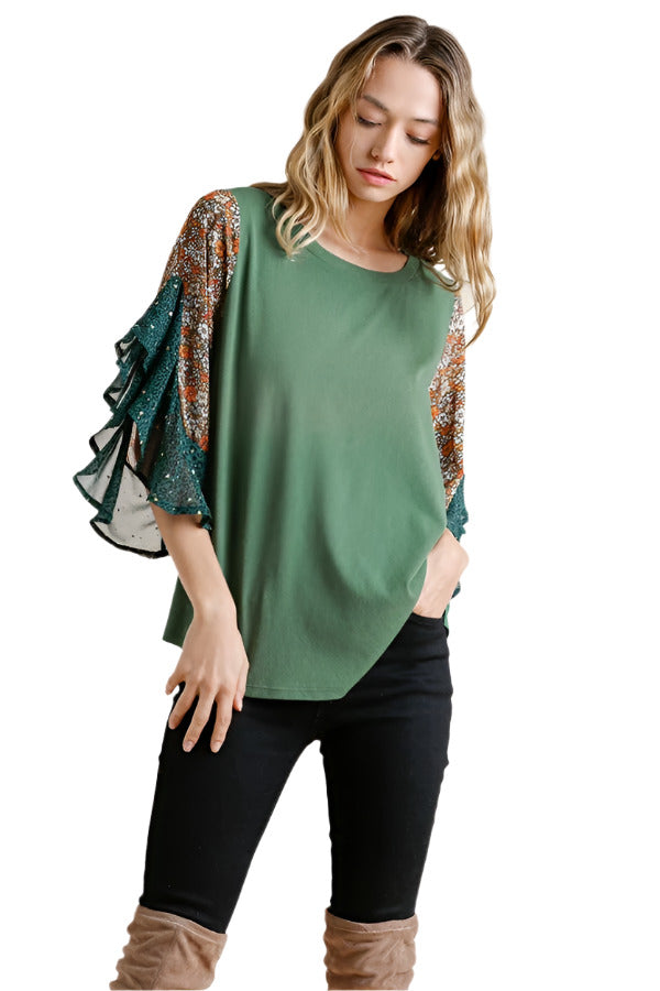 umgee Floral & Animal Bell Sleeve Top, Forest