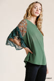 Floral & Animal Bell Sleeve Top, Forest