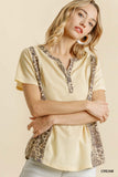 Leopard Trim Waffle Knit Top, Cream