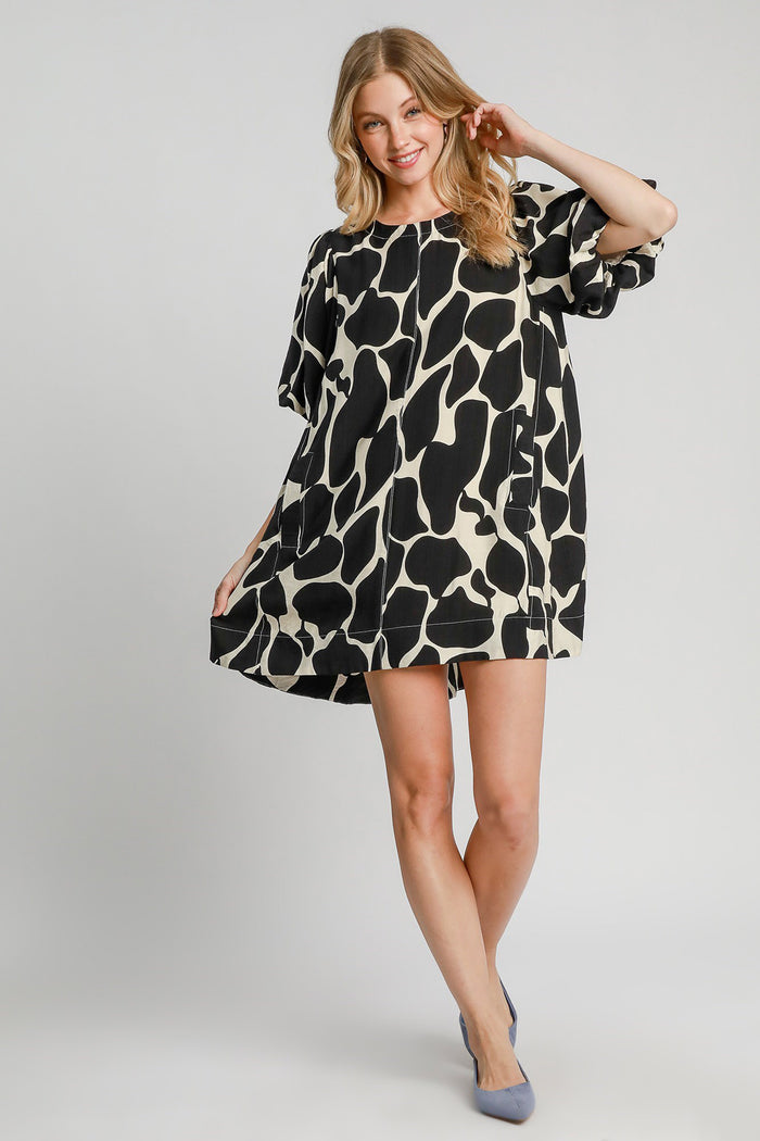 Abstract Print Puff Sleeve Dress