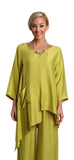 Woman wearing a green outfit with a white background