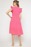 Ruffled Pocket Tiered Midi Dress, Hot Pink