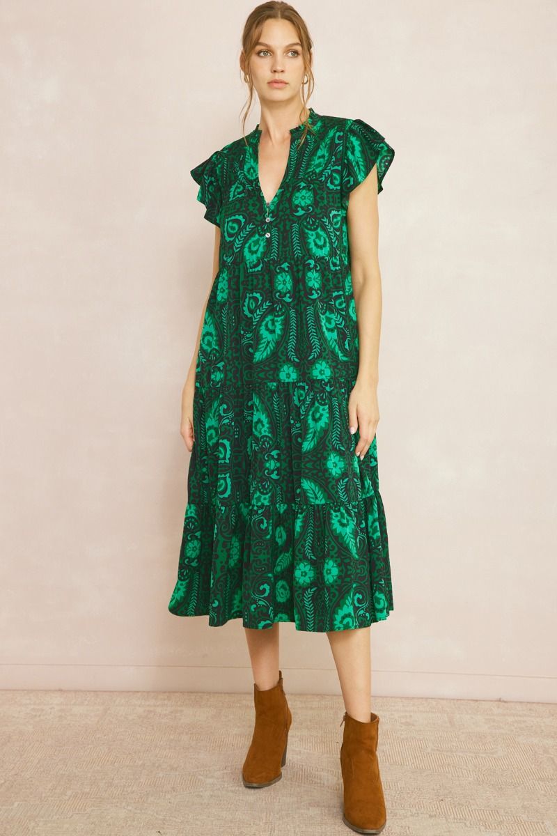 Floral & Leaf Ruffled Midi Dresses - Entro Floral & Leaf Ruffled Midi Dresses - Entro