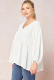 Textured Long Sleeve Babydoll Top, Off White