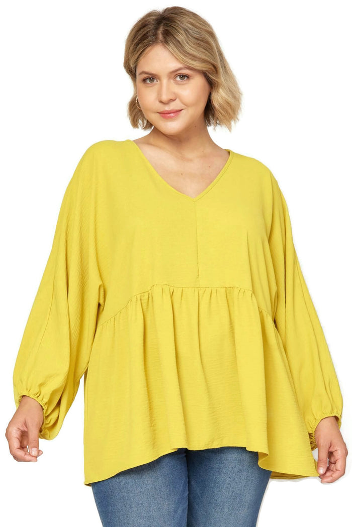 Textured Long Sleeve Babydoll Top, Gold Kiwi