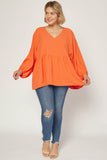 Textured Long Sleeve Babydoll Top, Orange